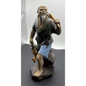 Vintage Shiwan Chinese Mudman Figurine Fishing Fisherman Mud Man 8" tall